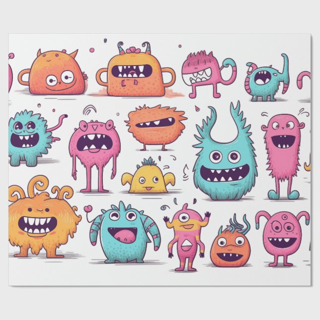 Viele freundliche, farbenfrohe Monster auf Weiß Geschenkpapier (Flach)