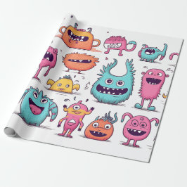 Viele freundliche, farbenfrohe Monster auf Weiß Geschenkpapier