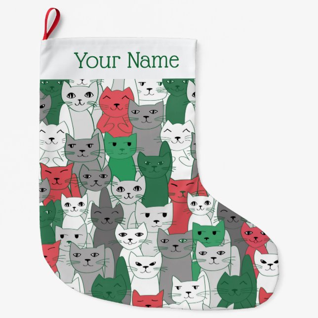 Viele Green Red Cats Design Weihnachts-Strumpf Großer Weihnachtsstrumpf (Vorderseite)