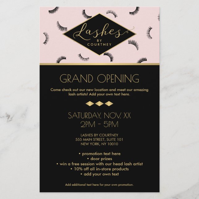 Viele Lashes Muster Lash Salon Pink/Schwarz/Gold Flyer (Vorne)