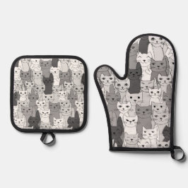 Viele Schwarz-Weiß-Katzen-Design Ofenhandschuh & Topflappen-Set