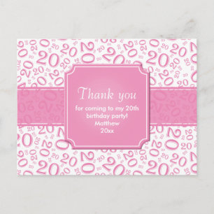 Vielen Dank 20. Geburtstag Zahlenmuster Pink/Weiß Postkarte