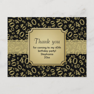 Vielen Dank 40. Gold/Black Birthday Number Pattern Postkarte