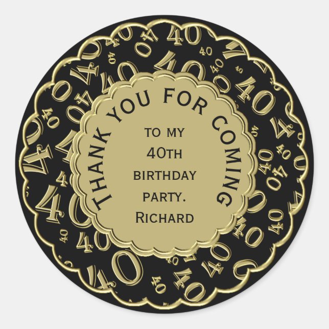 Vielen Dank 40 Zahlenmuster Schwarz und Gold Runder Aufkleber (Vorderseite)