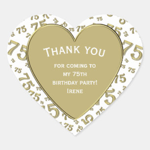 Vielen Dank: 75. Geburtstag Gold/Weiße Zahlenmuste Herz-Aufkleber