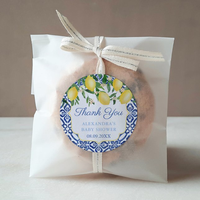 Vielen Dank Amalfi Coast Lemons Baby Blue Dusche Runder Aufkleber (Positano Lemons Blue Tile Baby Shower Favor or Bridal Shower thank you sticker)