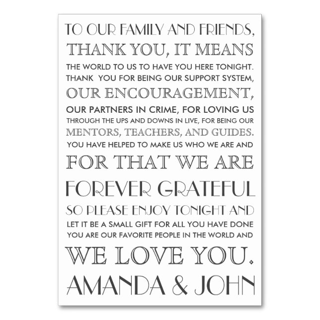 Vielen Dank an die Hochzeitsgäste Tischnummer (Vorderseite)