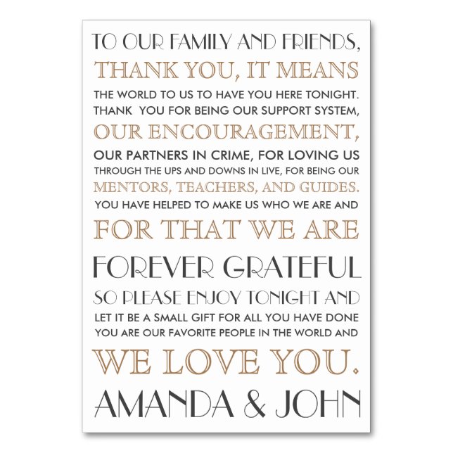 Vielen Dank an die Hochzeitsgäste Tischnummer (Vorderseite)