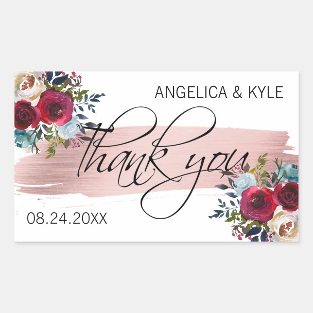 Vielen Dank an Floral Burgundy Rose Gold Wedding B Rechteckiger Aufkleber (Vorderseite)