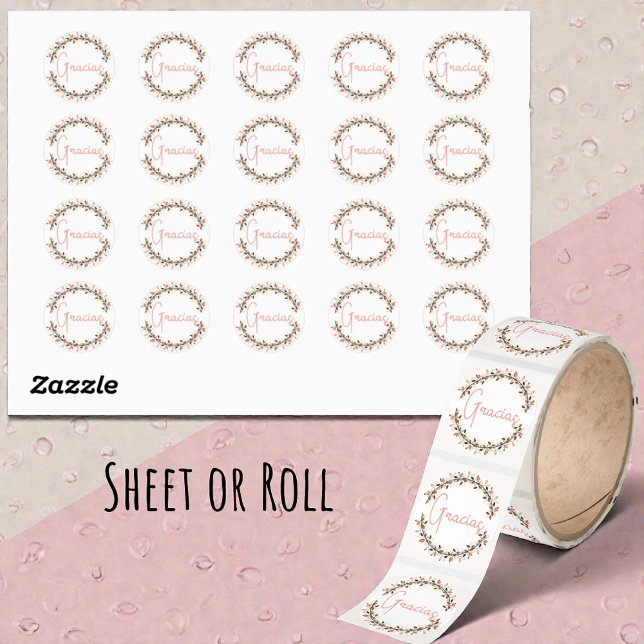 Vielen Dank an Gracias Coral Typografy Wreath Runder Aufkleber (sticker sheet of 20 or roll)