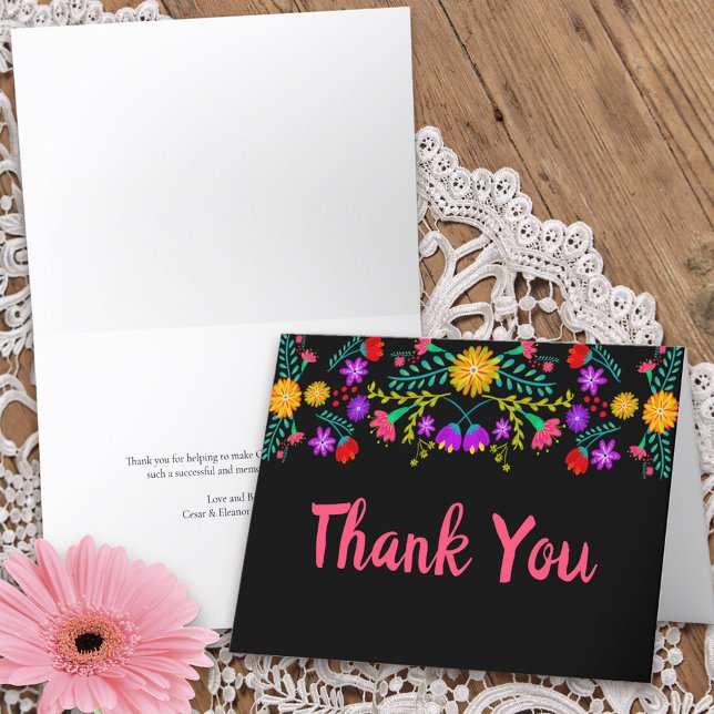 Vielen Dank an Mexikanische Fiesta Blume Schwarze  Dankeskarte (Thank You card for quinceanera  or other special event from my Mexican Fiesta Floral collection)
