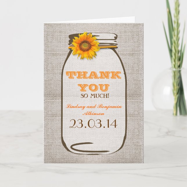 Vielen Dank an Rustic Burlap Mason Jar Sunflower Dankeskarte (Vorderseite)