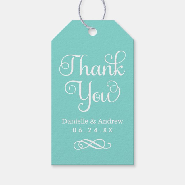 Vielen Dank Aqua Blue Modern Script Wedding Geschenkanhänger (Vorderseite)