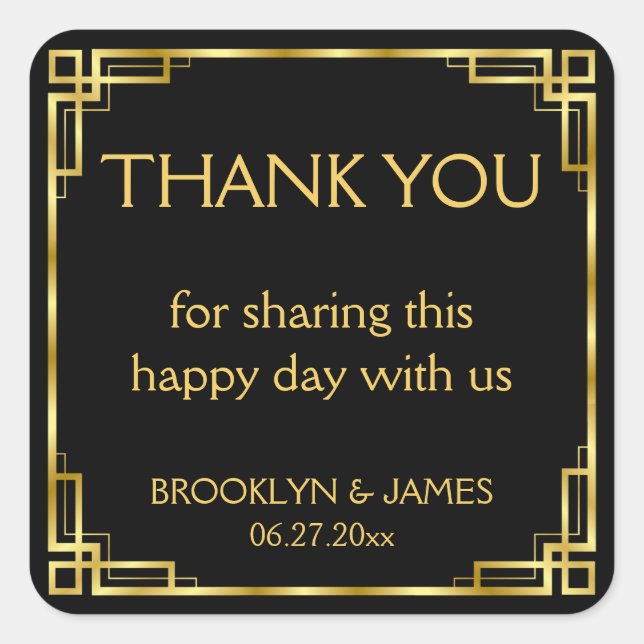 Vielen Dank Art Deco Black Square Stickers (Vorderseite)