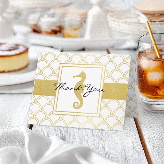 Vielen Dank Art Deco Wave Gold Glitzer Seepferd Ca Dankeskarte (Von Creator hochgeladen)