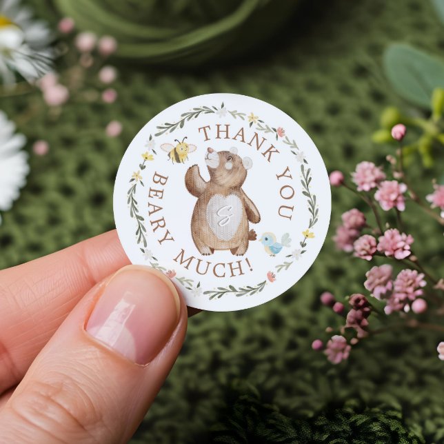 Vielen Dank Beary Much gewitzter Waldbär Blüte Runder Aufkleber (Thank You Beary Much Knitted Woodland Bear Floral Classic Round Sticker)