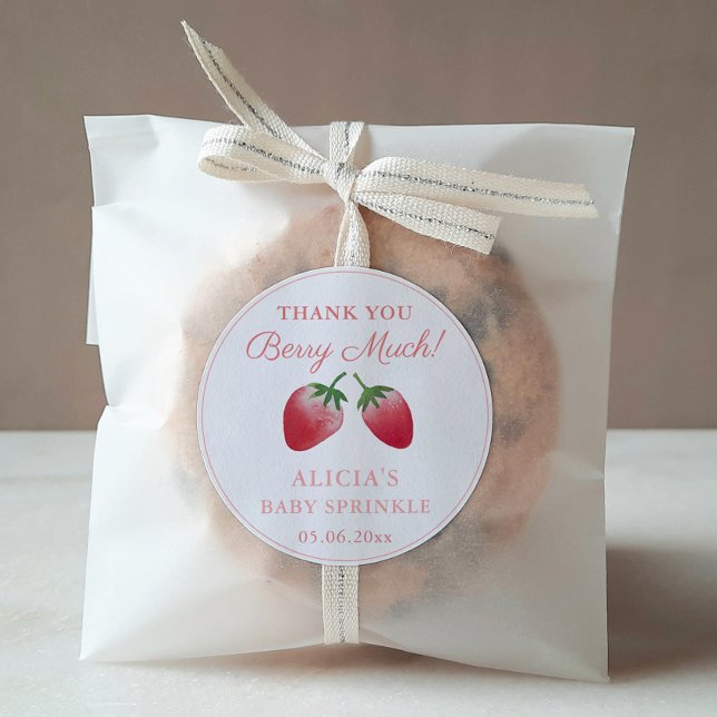 Vielen Dank Berry Much Strawberries Red Pink Gefal Runder Aufkleber (Thank You Berry Much Watercolor Strawberries Baby or Bridal Shower or Birthday Favor Stickers)
