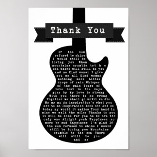 Vielen Dank, Black & White Gitarre Song Lyric Prin Poster