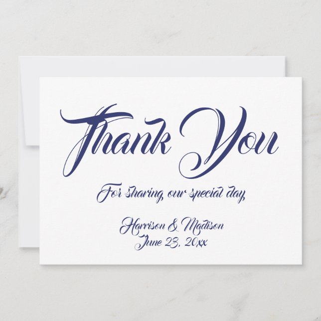 Vielen Dank, blaue Skriptkarte für Hochzeitsnotiz (Vorderseite)