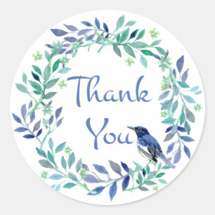 Vielen Dank, Blue Bird Watercolor Floral Leaf Wrea Runder Aufkleber
