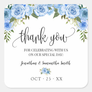 Vielen Dank Blue floral boho schicke Hochzeit Quadratischer Aufkleber