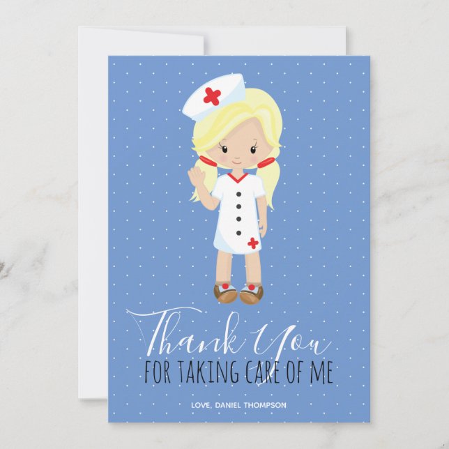 Vielen Dank Blue White Polka Dot Blonde Nurse Dankeskarte (Vorderseite)