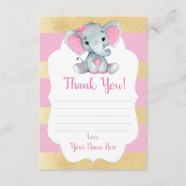 Vielen Dank Card Girl Elephant Dusche Gold Pink Begleitkarte (Vorderseite)
