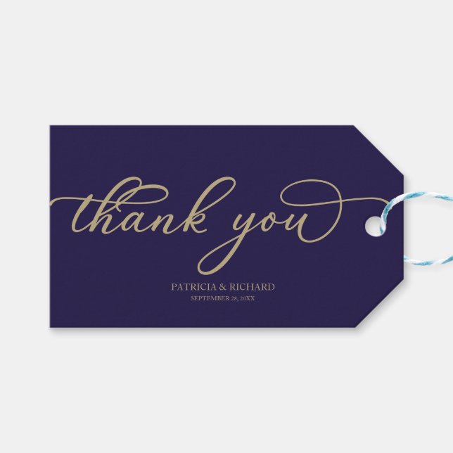 Vielen Dank - Chic Gold Script Navy Blue Wedding Geschenkanhänger (Vorderseite (Horizontal))