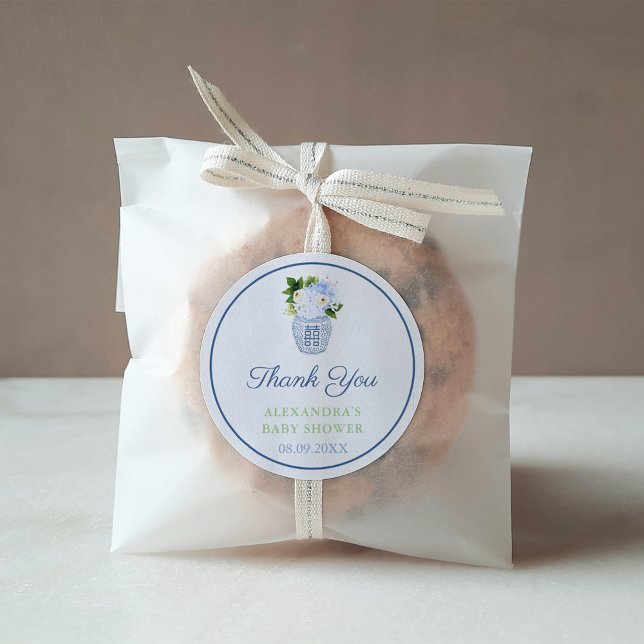 Vielen Dank Chinoiserie Chic Blue Green Floral Gef Runder Aufkleber (Chinoiserie Chic Navy Blue Chartreuse Green Baby Shower Favor or Bridal Shower Thank you sticker)