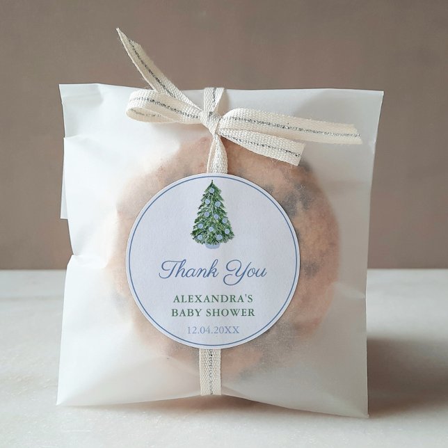 Vielen Dank Chinoiserie Christmas Tree Blue Favor Runder Aufkleber (Blue And White Chinoiserie Holidays Tree Baby or Bridal Shower Thank You Favor Sticker)