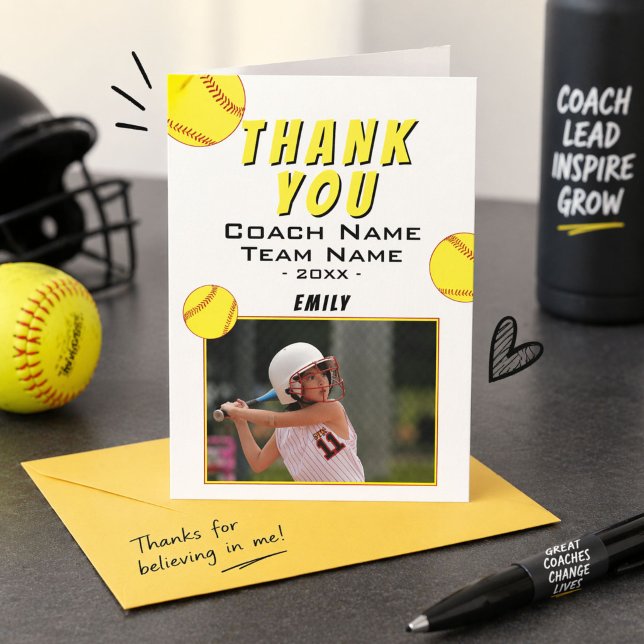Vielen Dank Coach Yellow Softball Foto Card Dankeskarte (Von Creator hochgeladen)