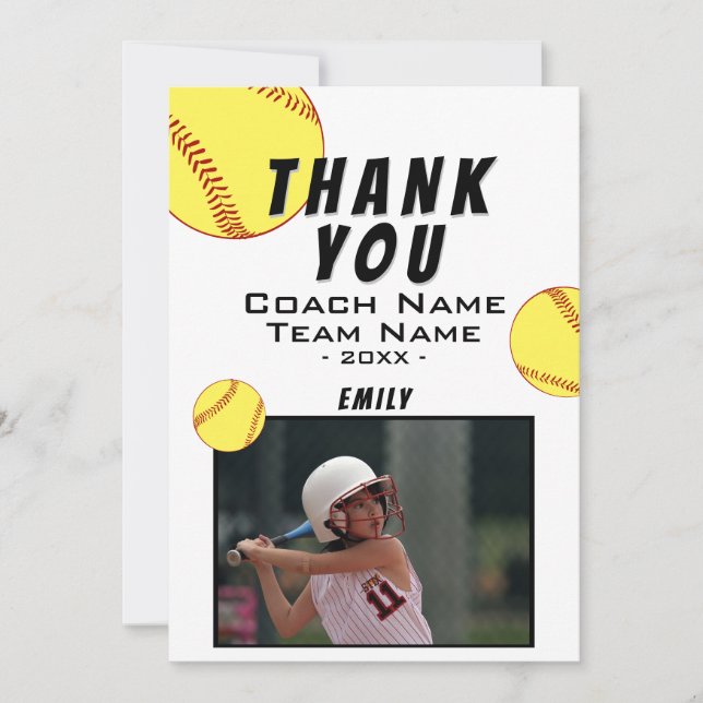 Vielen Dank Coach Yellow Softball Foto Card Dankeskarte (Vorderseite)