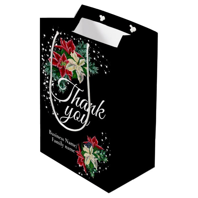 Vielen Dank Dankeschön an Poinsettia Floral Black Mittlere Geschenktüte (Rückseite Schrägansicht)