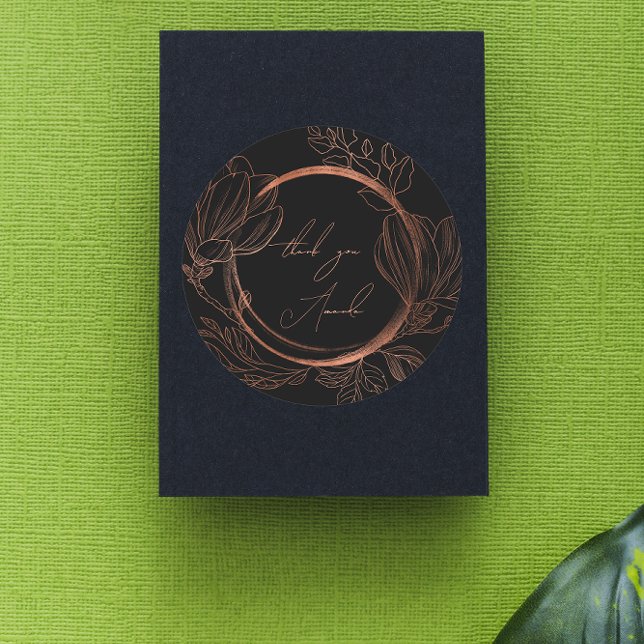 Vielen Dank, dass Sie Floral Copper Black Wedding  Runder Aufkleber (Thank You Name Floral Copper Black Wedding Bridal Classic Round Sticker)