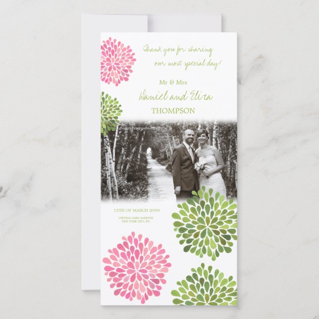 Vielen Dank, dass Sie Pink & Green Blooms Hochzeit Dankeskarte (Vorderseite)