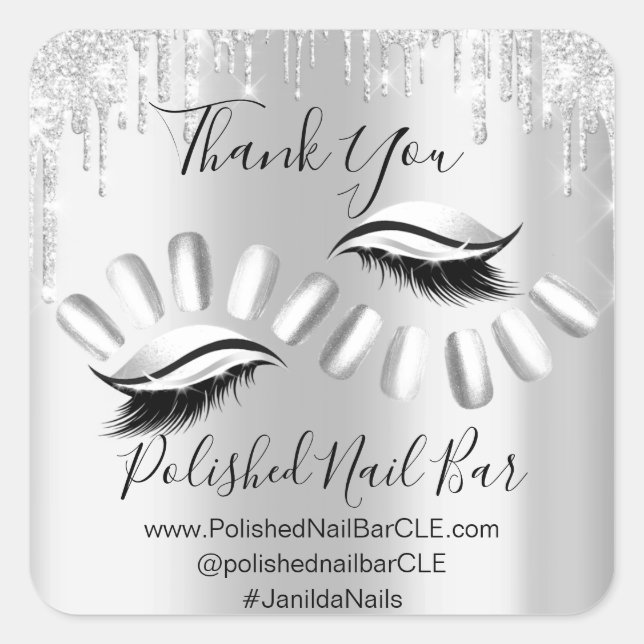 Vielen Dank, dass Sie Tropfen Nail Lashes Silver G Quadratischer Aufkleber (Vorderseite)