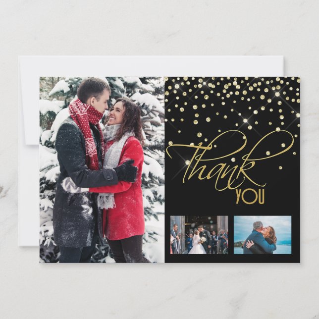 Vielen Dank DIY 3 Foto Gold Schwarz Glitzer Funkel Dankeskarte (Vorderseite)