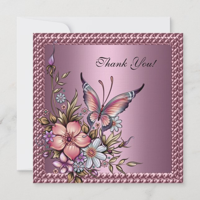 Vielen Dank Elegant Floral Butterfly Pink Dankeskarte (Vorderseite)