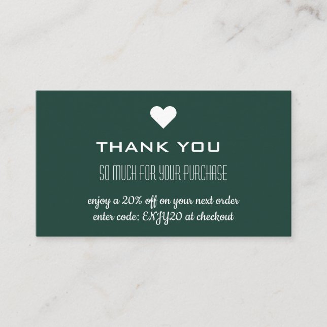 Vielen Dank, Emerald Green Discount Heart Visitenkarte (Vorderseite)