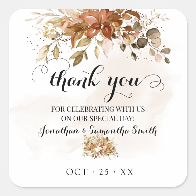 Vielen Dank Fall eucalyptus Dusche Herbsthochzeit Quadratischer Aufkleber (Vorderseite)