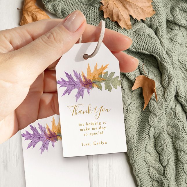 Vielen Dank Fall Foliage Elegantes Gold Script Geschenkanhänger (Fall thank you tags with pretty autumn leaves)