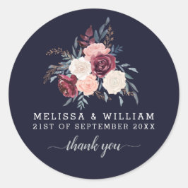 Vielen Dank, Floral Burgundy Wedding Navy Runder Aufkleber