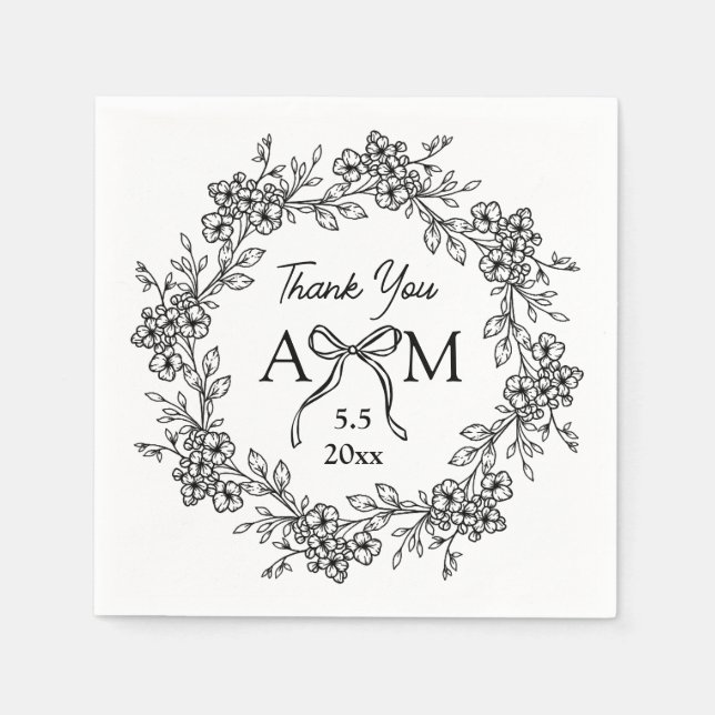 Vielen Dank florale Monogramm Hochzeit schwarz-wei Serviette (Vorderseite)