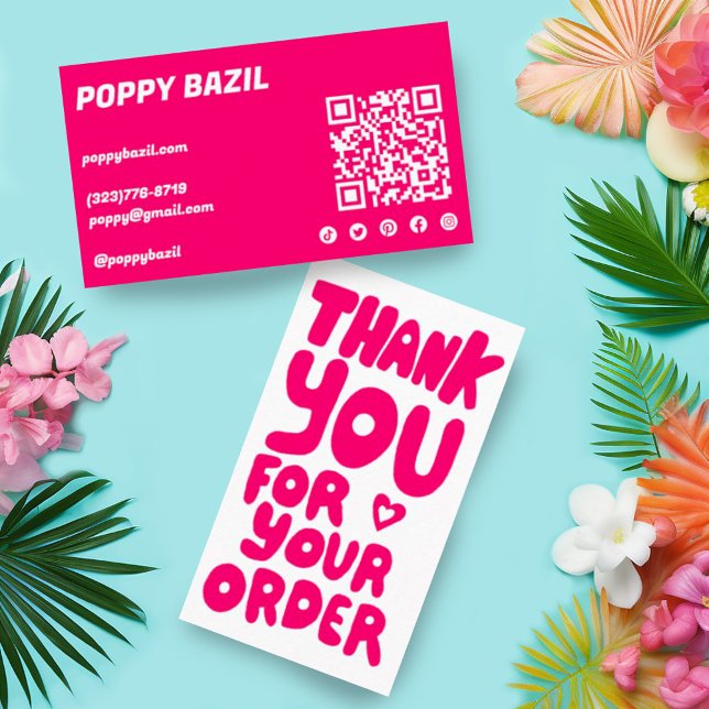 Vielen Dank für die Bestellung Social Icons QR Cod Visitenkarte (Bold bright pink customer order thank you card with social media icons and qr code)