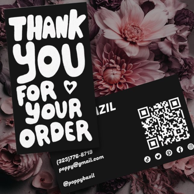 Vielen Dank für die Bestellung Social Icons QR Cod Visitenkarte (Perfect card to include with customer orders to thank them for their purchase. Handletteting, B&W QR)