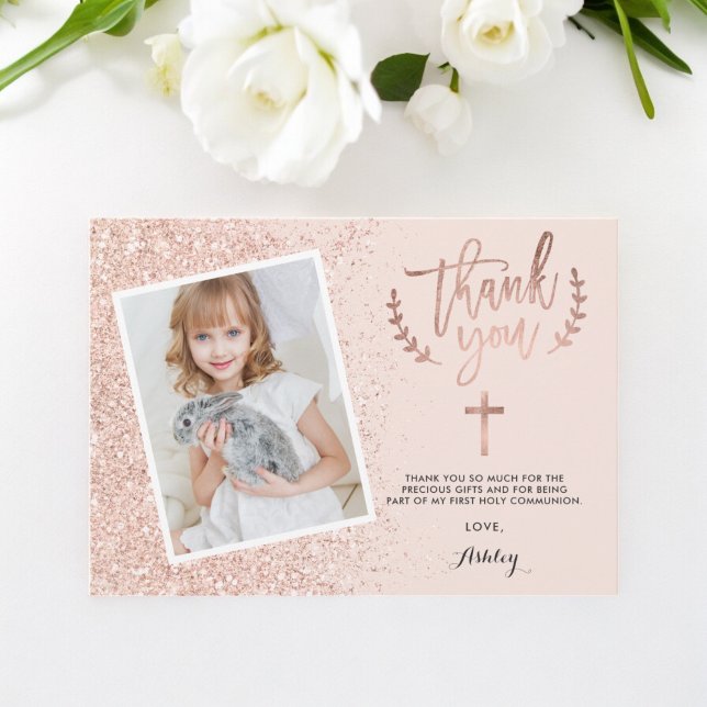Vielen Dank für die erste Rose Gold Glitzer Kommun Dankeskarte (thank you first Rose gold glitter communion photo)
