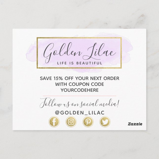 Vielen Dank für Ihr Lila Watercolor & Modern Gold  Postkarte (Rückseite)