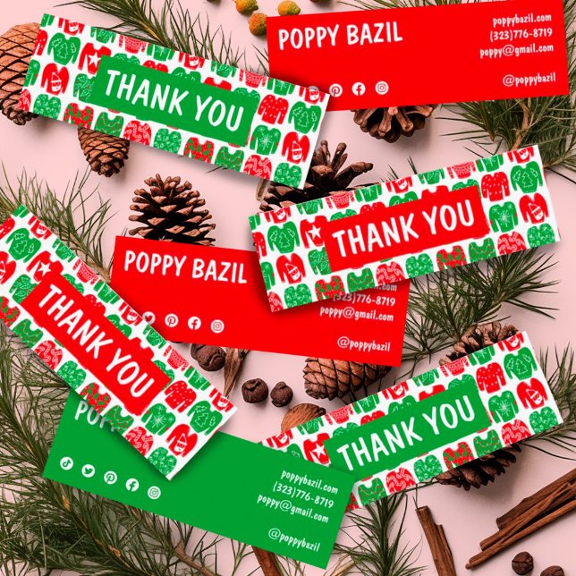 Vielen Dank für Ihre Bestellung Social Media Icons Mini Visitenkarte (Mini custom thank you business cards with social media icons. Decorated with cute xmas sweaters)