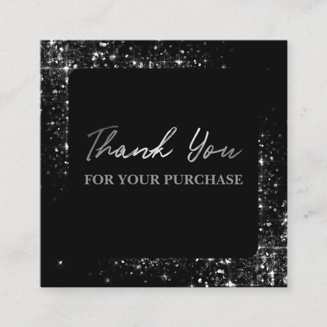 Vielen Dank für Ihren Kauf Silver Glitzer Black Quadratische Visitenkarte (Vorderseite)