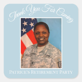 Vielen Dank für Patrice's Pensionierung Blue Quadratischer Aufkleber